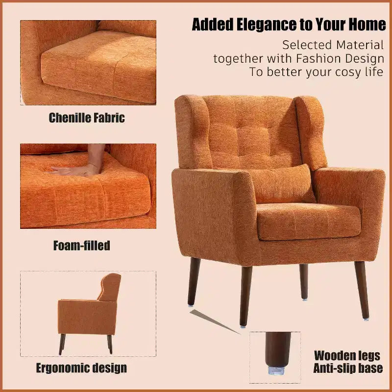 Fauteuil d'appoint en chenille fine pour salon, fauteuil de lecture avec revêtement doux et coussin, fauteuil avec pieds en bois massif pour salon, chambre à coucher