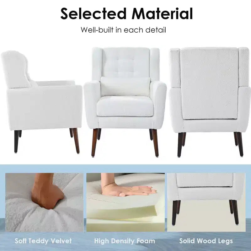 Fauteuil d'appoint en chenille fine pour salon, fauteuil de lecture avec revêtement doux et coussin, fauteuil avec pieds en bois massif pour salon, chambre à coucher