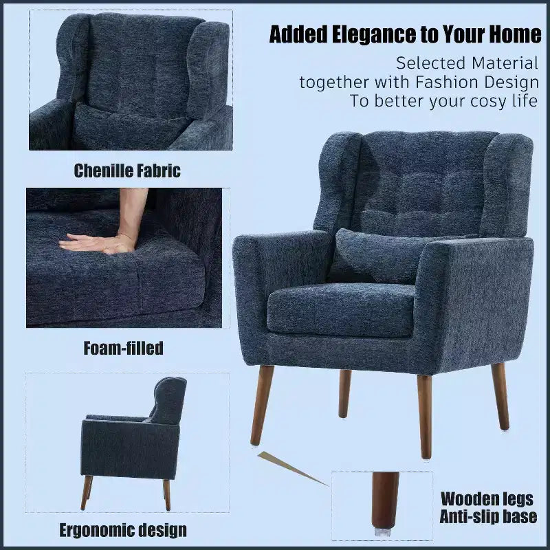 Fauteuil d'appoint en chenille fine pour salon, fauteuil de lecture avec revêtement doux et coussin, fauteuil avec pieds en bois massif pour salon, chambre à coucher