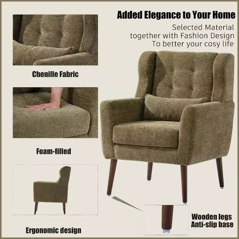 Fauteuil d'appoint en chenille fine pour salon, fauteuil de lecture avec revêtement doux et coussin, fauteuil avec pieds en bois massif pour salon, chambre à coucher