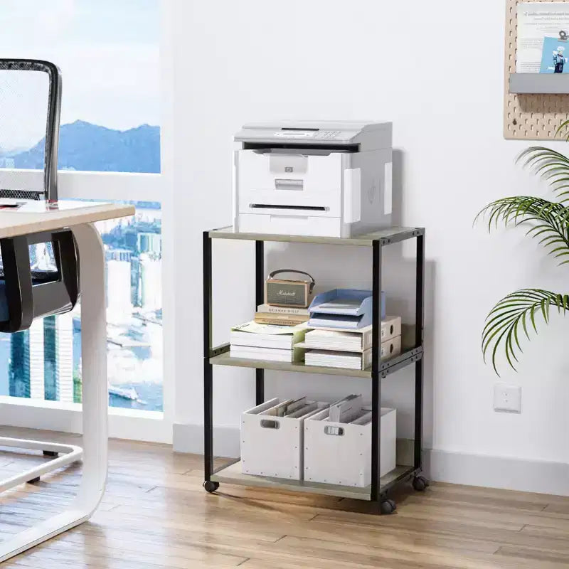 Support d'imprimante roulant à 3 niveaux avec rangement, étagère d'imprimante de bureau, table d'imprimante combinable pour télécopieur, copieur, scanner (Gris rustique)