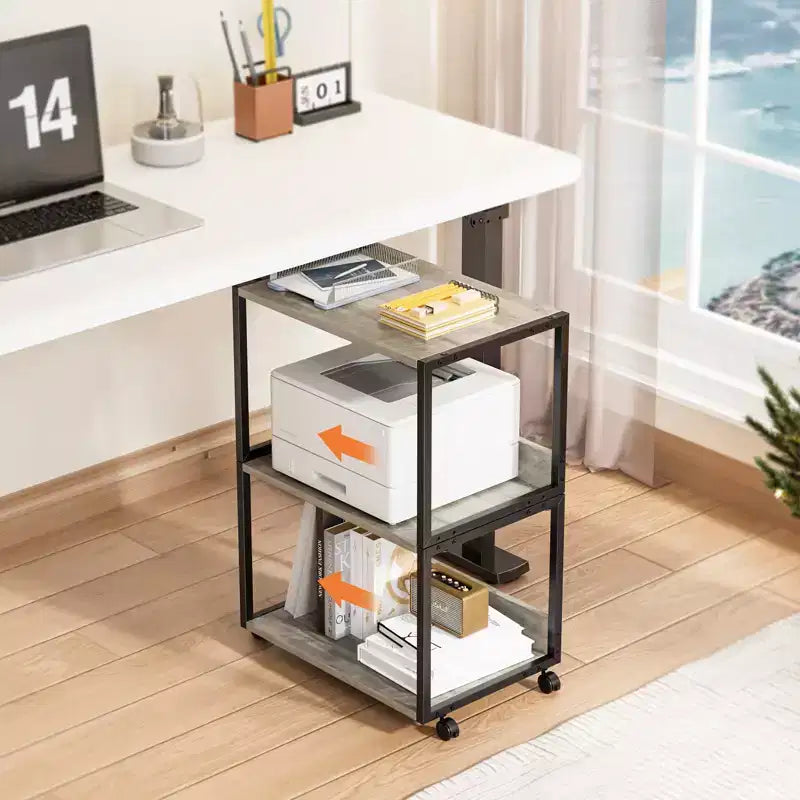 Support d'imprimante roulant à 3 niveaux avec rangement, étagère d'imprimante de bureau, table d'imprimante combinable pour télécopieur, copieur, scanner (Gris rustique)