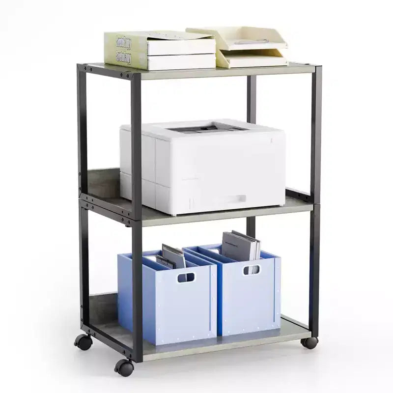 Support d'imprimante roulant à 3 niveaux avec rangement, étagère d'imprimante de bureau, table d'imprimante combinable pour télécopieur, copieur, scanner (Gris rustique)