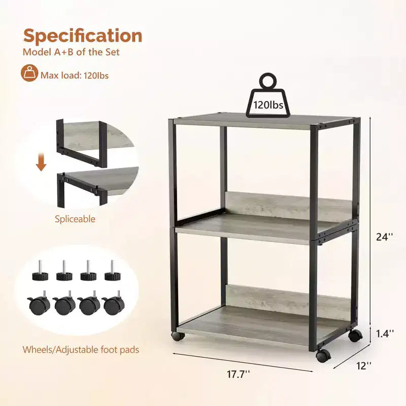 Support d'imprimante roulant à 3 niveaux avec rangement, étagère d'imprimante de bureau, table d'imprimante combinable pour télécopieur, copieur, scanner (Gris rustique)