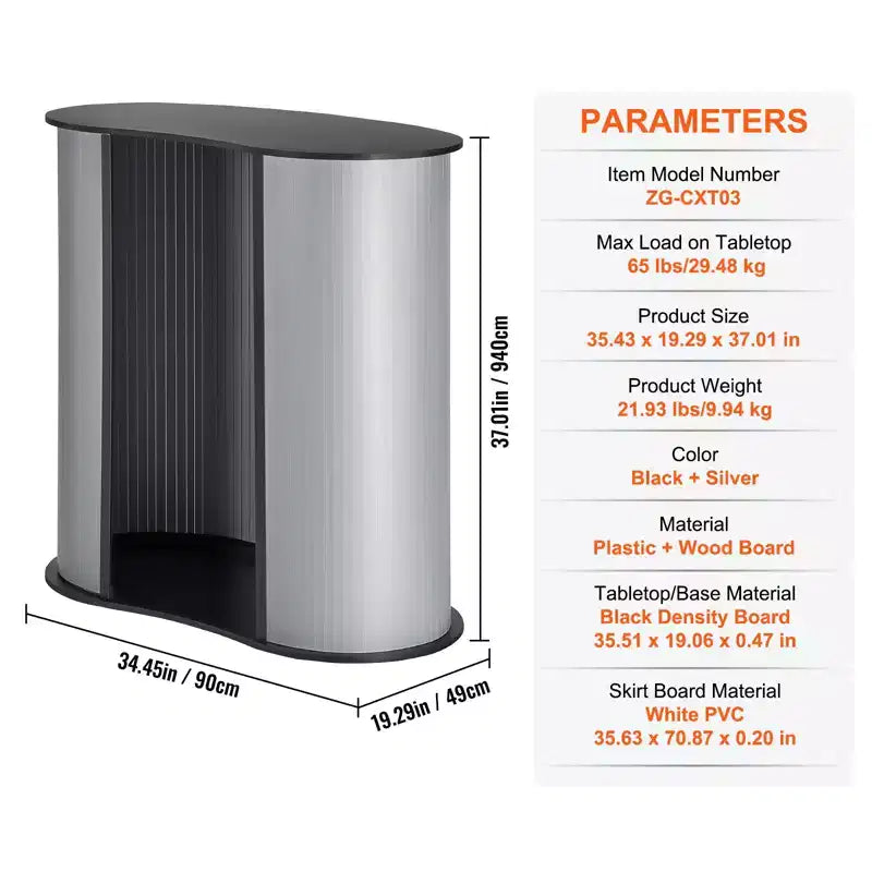 Table de podium portable pour salon professionnel, 35,43 x 19,29 x 37,01, comptoir d'exposition stand de foire avec mur, gris