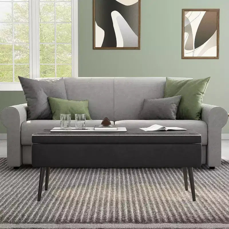Banc de rangement ottoman, banc de chambre d'entrée moderne du milieu du siècle pour chambre à coucher, extrémité d'entrée, cuir synthétique avec coutures, charge 308 kg