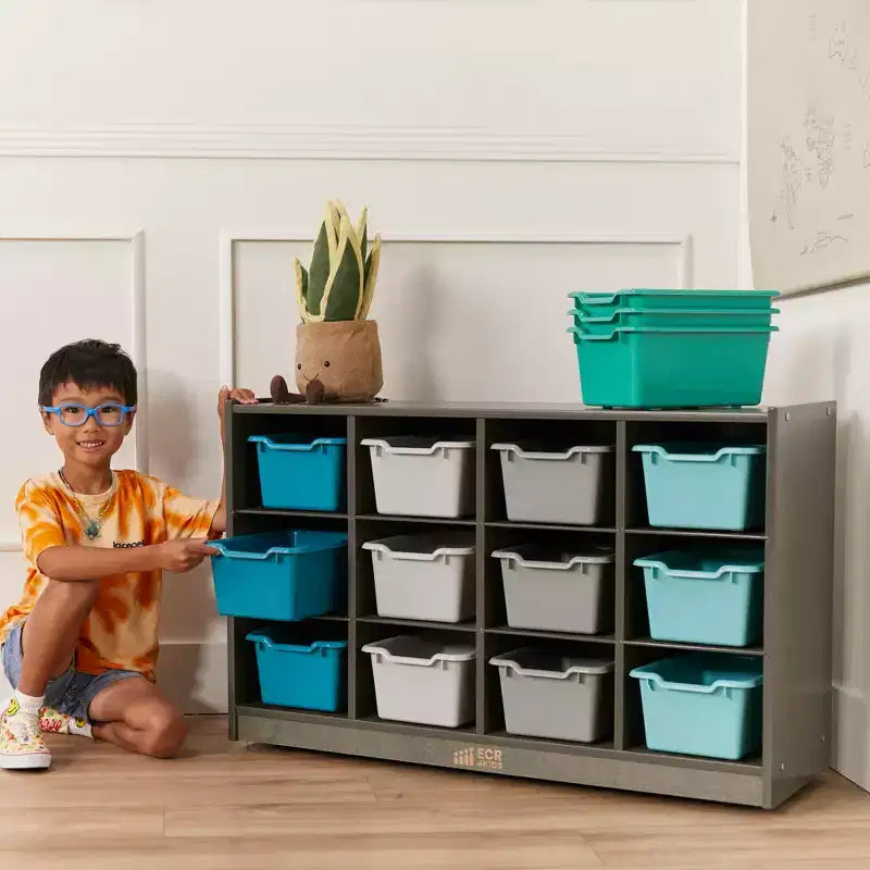 Meuble de rangement mobile à 12 casiers et 15 bacs frontaux, 3x4, Meuble pour enfants