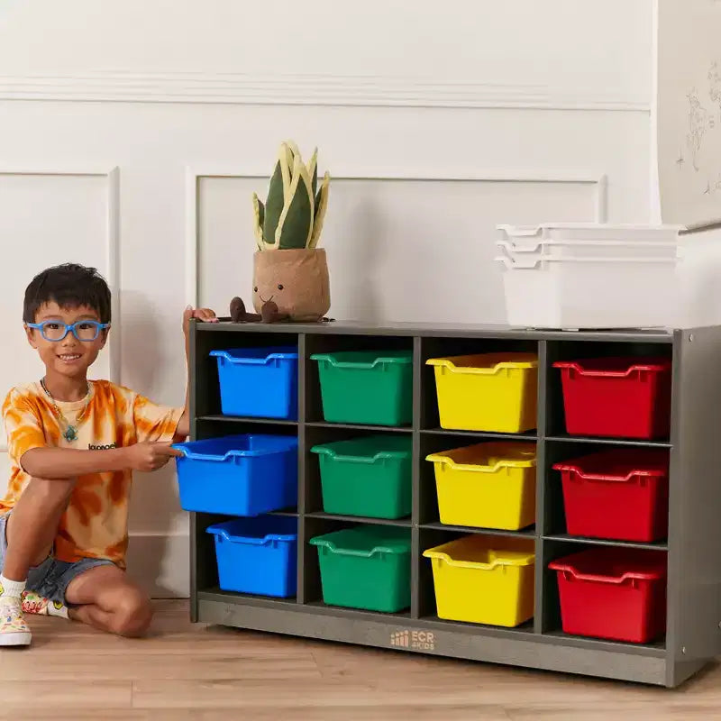 Meuble de rangement mobile à 12 casiers et 15 bacs frontaux, 3x4, Meuble pour enfants