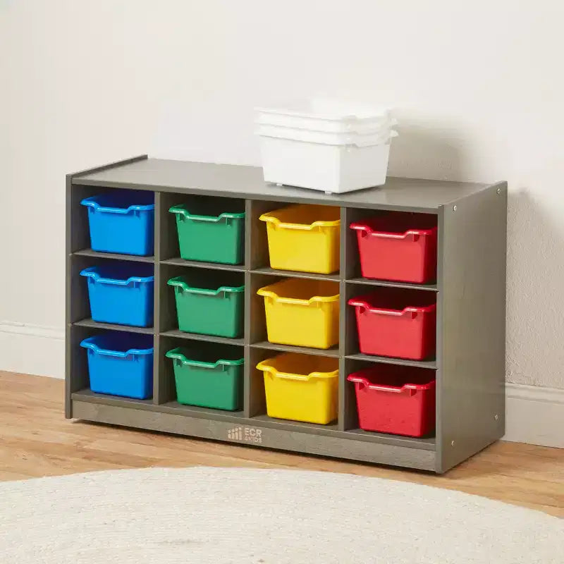 Meuble de rangement mobile à 12 casiers et 15 bacs frontaux, 3x4, Meuble pour enfants