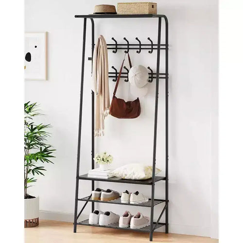 4-in-1 Hall Tree with Bench and Shoe Storage, Entryway Coat Rack with Hooks, Shelf, and Metal Frame Organizer