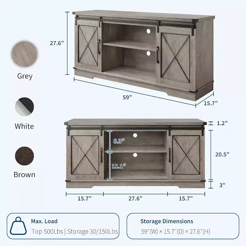 Meuble TV pour centre de divertissement 65 pouces avec portes coulissantes de grange et rangement, console multimédia TV avec étagère réglable pour salon