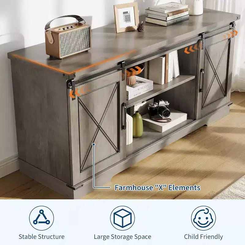 Meuble TV pour centre de divertissement 65 pouces avec portes coulissantes de grange et rangement, console multimédia TV avec étagère réglable pour salon