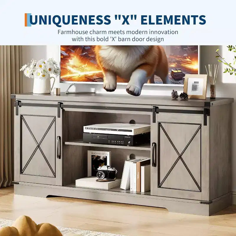 Meuble TV pour centre de divertissement 65 pouces avec portes coulissantes de grange et rangement, console multimédia TV avec étagère réglable pour salon