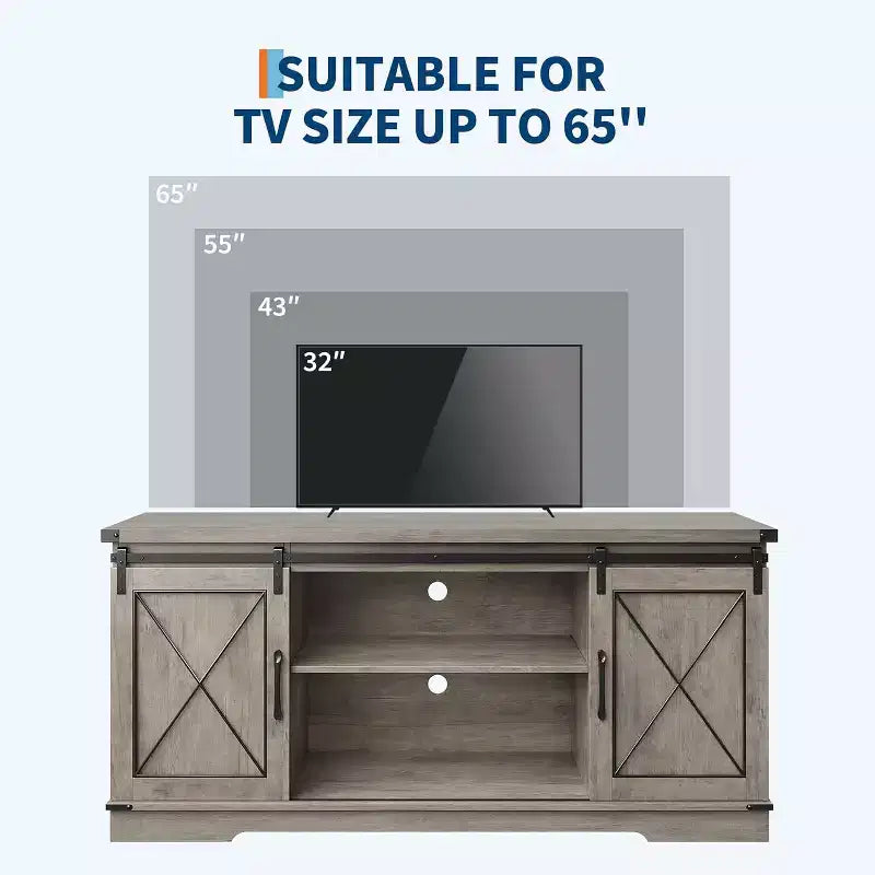 Meuble TV pour centre de divertissement 65 pouces avec portes coulissantes de grange et rangement, console multimédia TV avec étagère réglable pour salon