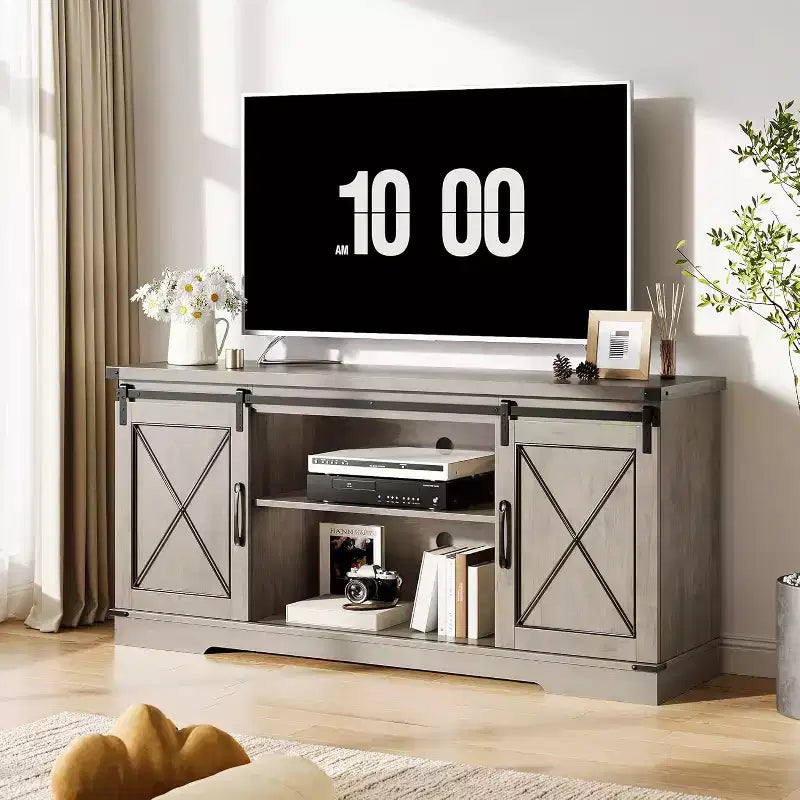 Meuble TV pour centre de divertissement 65 pouces avec portes coulissantes de grange et rangement, console multimédia TV avec étagère réglable pour salon