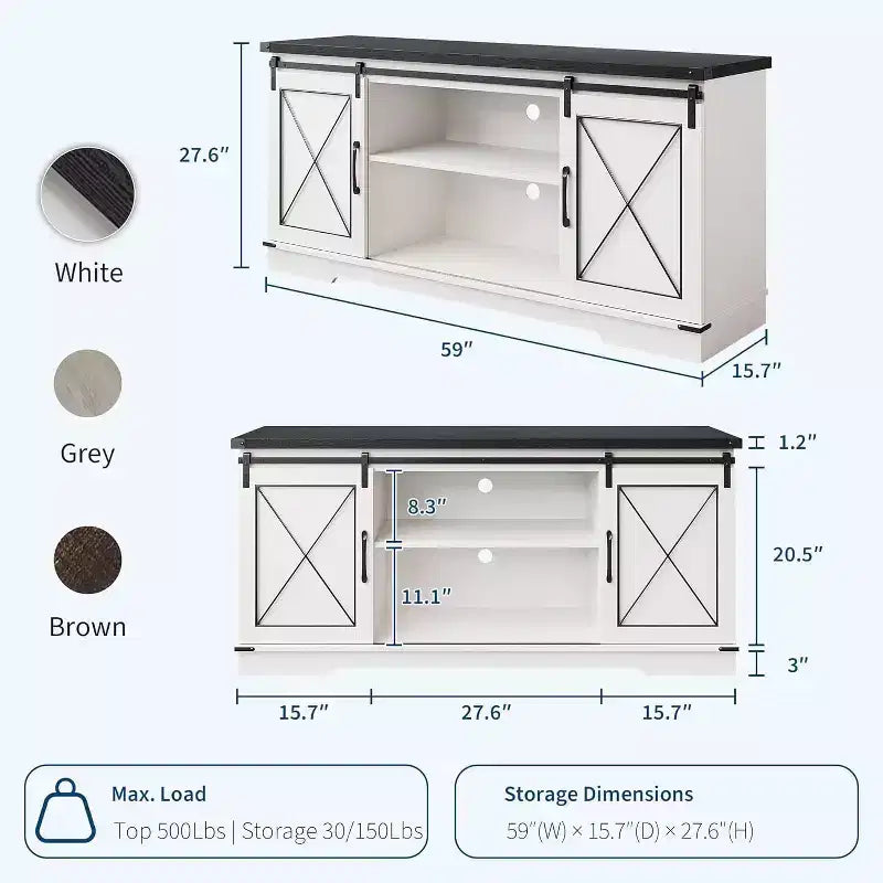 Meuble TV pour centre de divertissement 65 pouces avec portes coulissantes de grange et rangement, console multimédia TV avec étagère réglable pour salon
