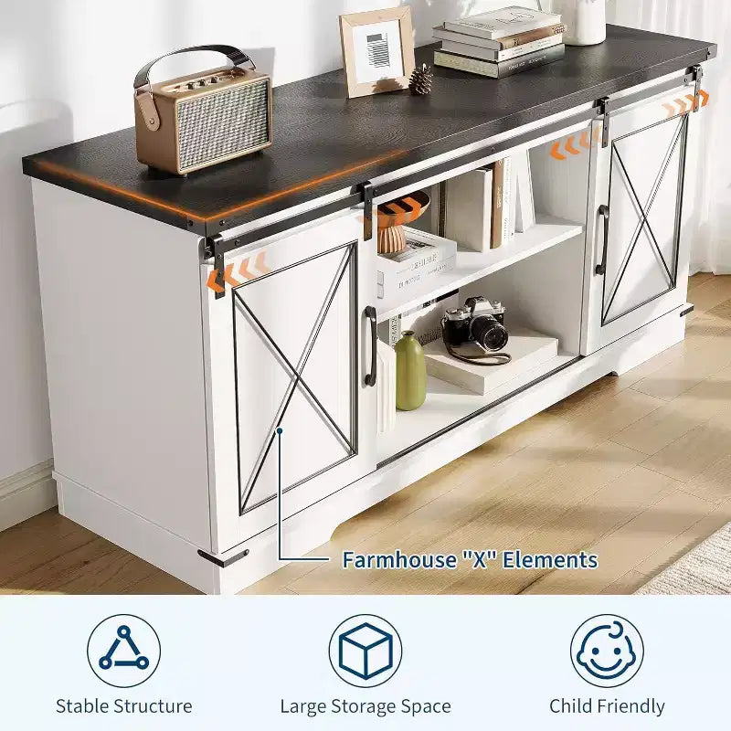 Meuble TV pour centre de divertissement 65 pouces avec portes coulissantes de grange et rangement, console multimédia TV avec étagère réglable pour salon