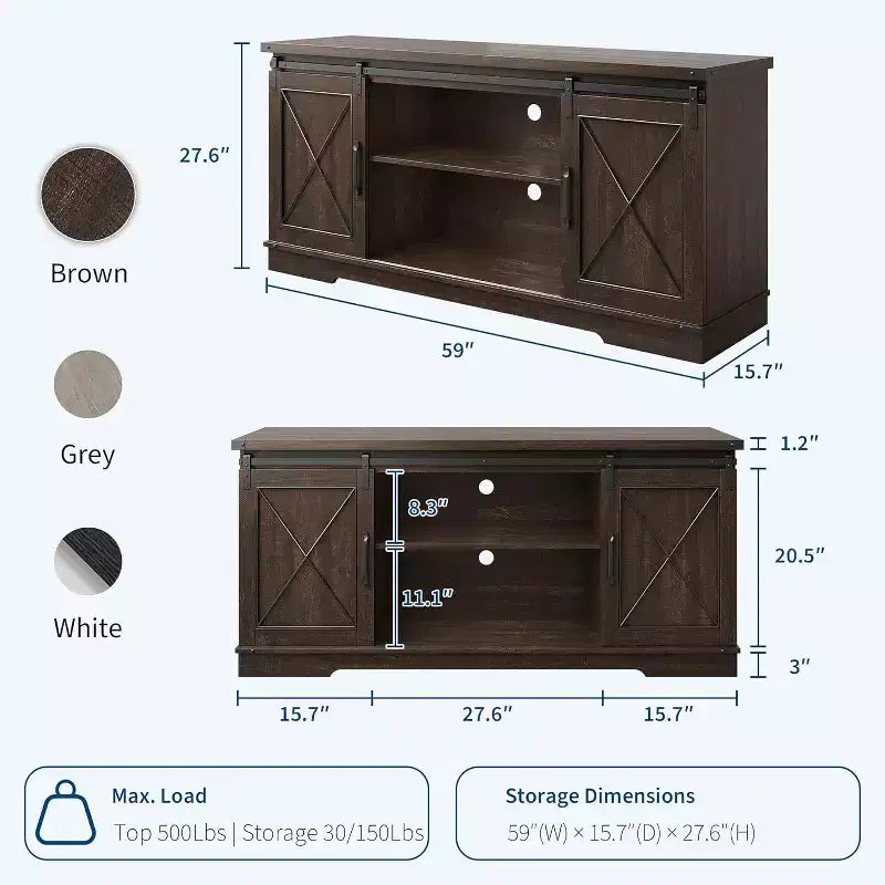 Meuble TV pour centre de divertissement 65 pouces avec portes coulissantes de grange et rangement, console multimédia TV avec étagère réglable pour salon