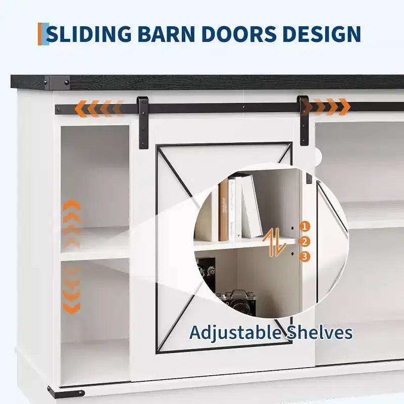 Meuble TV pour centre de divertissement 65 pouces avec portes coulissantes de grange et rangement, console multimédia TV avec étagère réglable pour salon