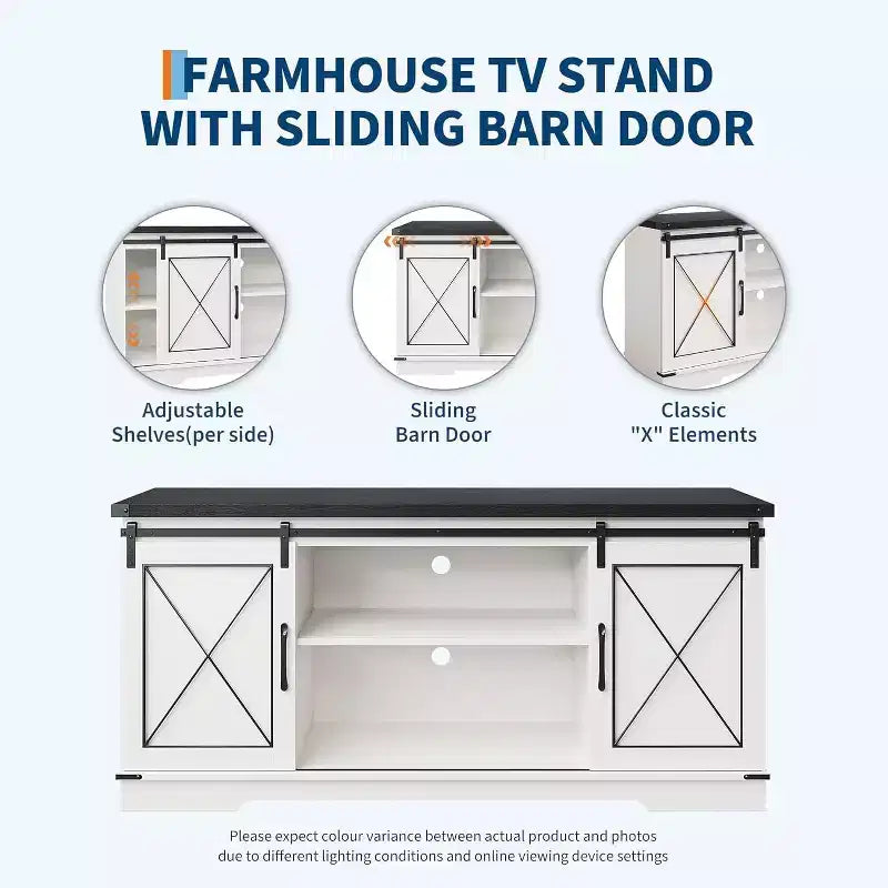 Meuble TV pour centre de divertissement 65 pouces avec portes coulissantes de grange et rangement, console multimédia TV avec étagère réglable pour salon