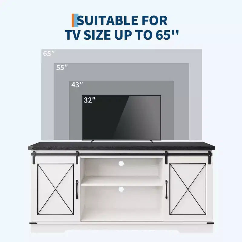Meuble TV pour centre de divertissement 65 pouces avec portes coulissantes de grange et rangement, console multimédia TV avec étagère réglable pour salon