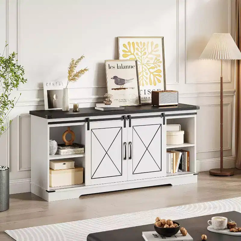 Meuble TV pour centre de divertissement 65 pouces avec portes coulissantes de grange et rangement, console multimédia TV avec étagère réglable pour salon