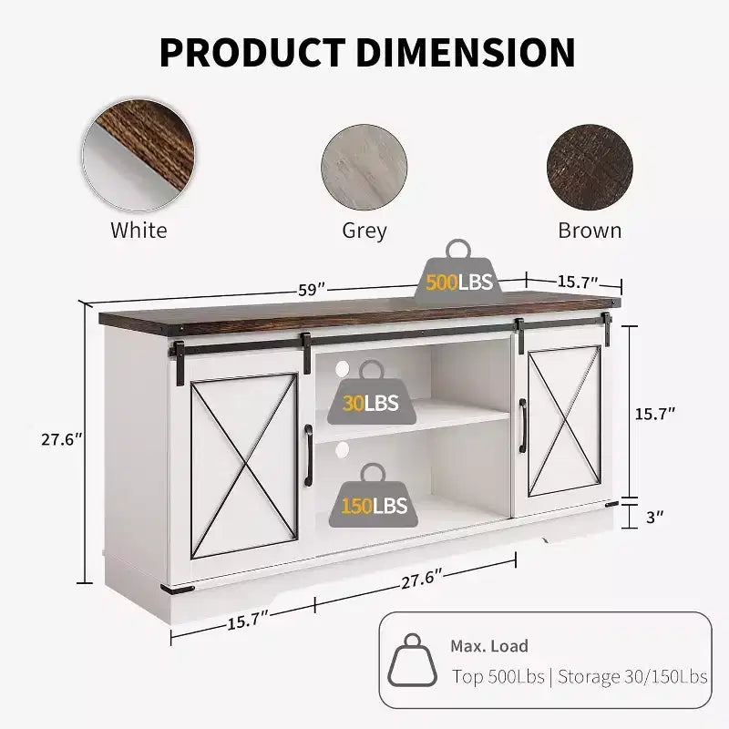 Meuble TV pour centre de divertissement 65 pouces avec portes coulissantes de grange et rangement, console multimédia TV avec étagère réglable pour salon