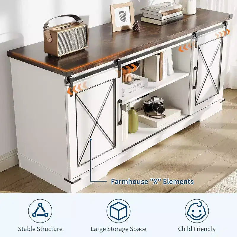 Meuble TV pour centre de divertissement 65 pouces avec portes coulissantes de grange et rangement, console multimédia TV avec étagère réglable pour salon