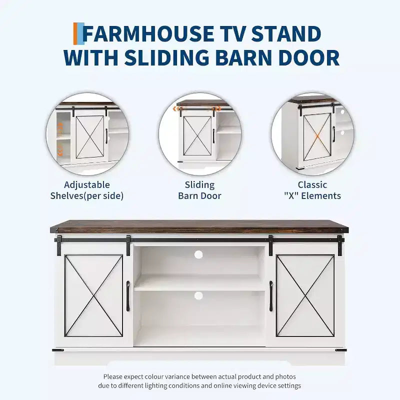 Meuble TV pour centre de divertissement 65 pouces avec portes coulissantes de grange et rangement, console multimédia TV avec étagère réglable pour salon