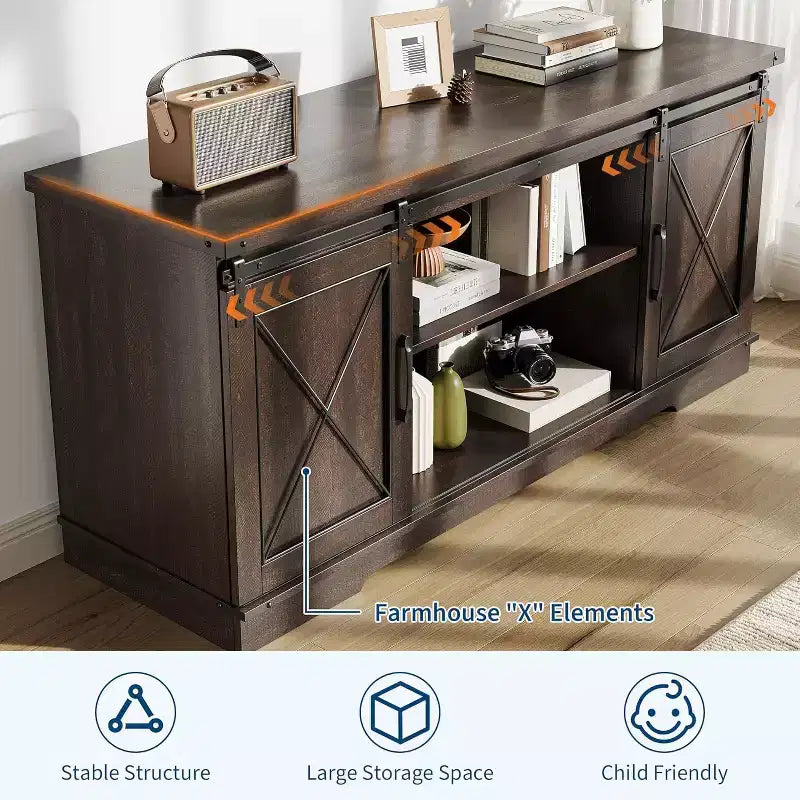 Meuble TV pour centre de divertissement 65 pouces avec portes coulissantes de grange et rangement, console multimédia TV avec étagère réglable pour salon