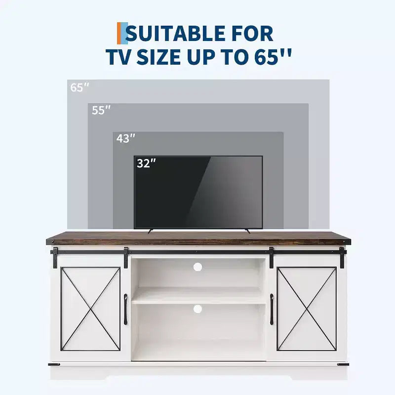 Meuble TV pour centre de divertissement 65 pouces avec portes coulissantes de grange et rangement, console multimédia TV avec étagère réglable pour salon