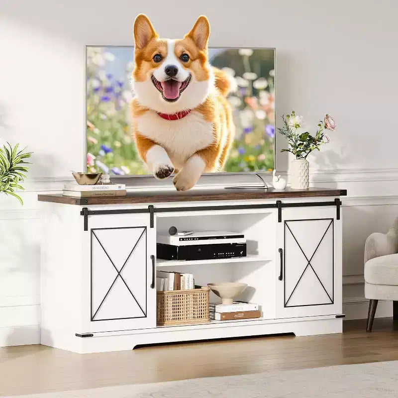 Meuble TV pour centre de divertissement 65 pouces avec portes coulissantes de grange et rangement, console multimédia TV avec étagère réglable pour salon