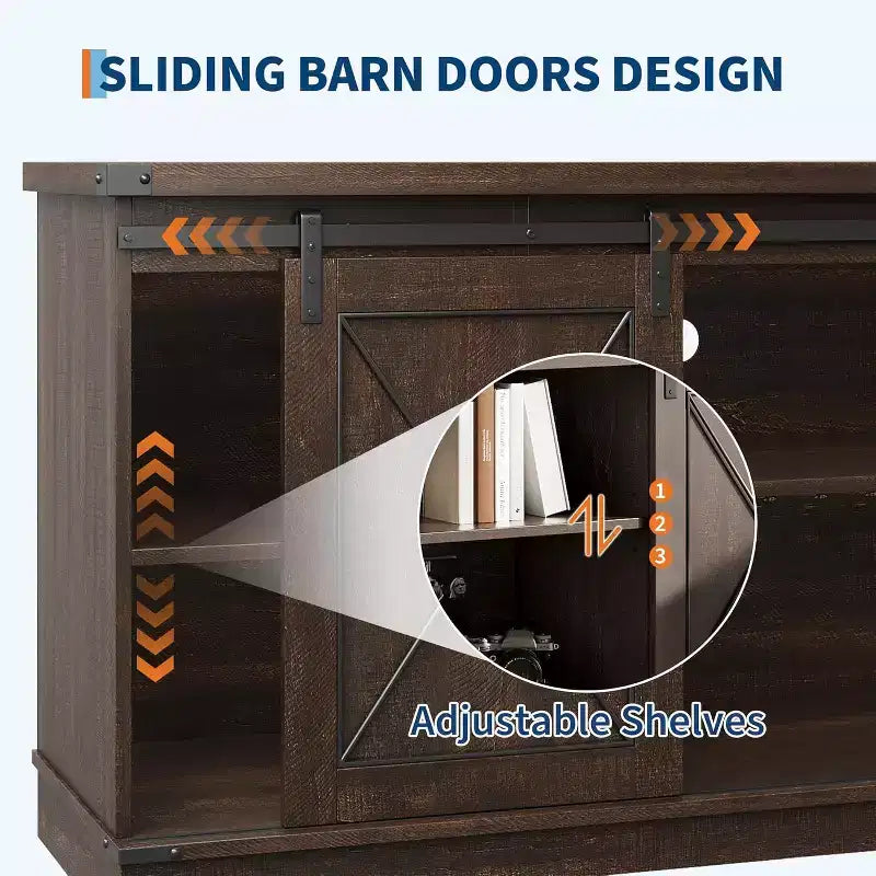 Meuble TV pour centre de divertissement 65 pouces avec portes coulissantes de grange et rangement, console multimédia TV avec étagère réglable pour salon