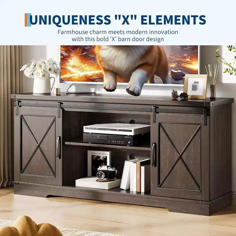 Meuble TV pour centre de divertissement 65 pouces avec portes coulissantes de grange et rangement, console multimédia TV avec étagère réglable pour salon