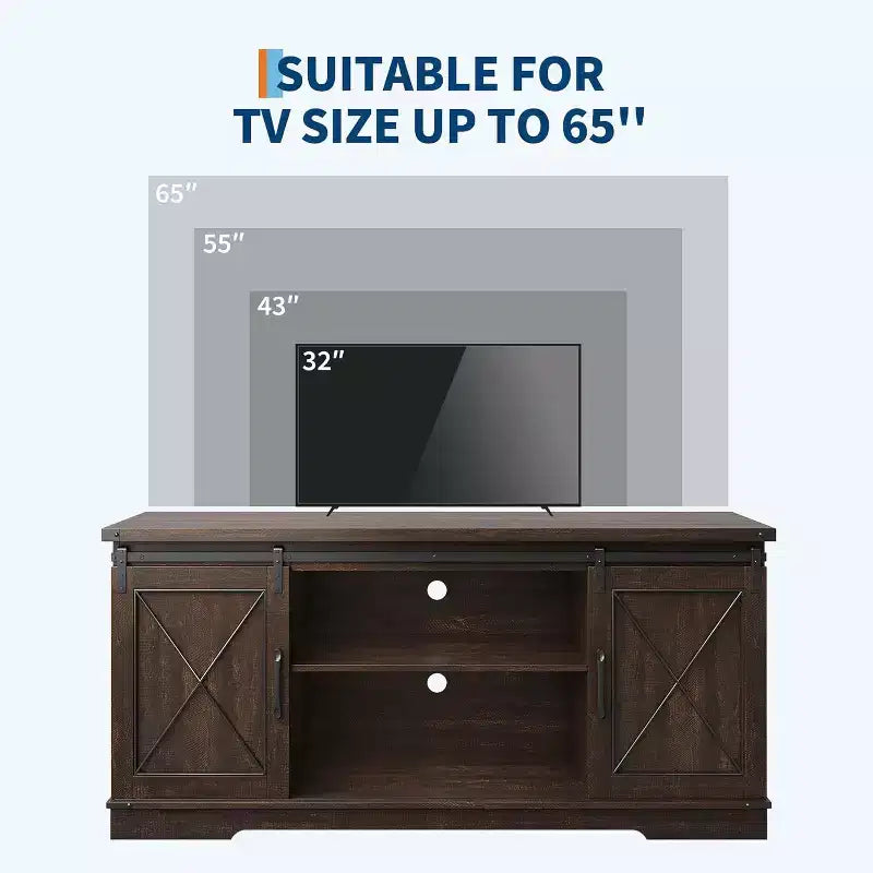 Meuble TV pour centre de divertissement 65 pouces avec portes coulissantes de grange et rangement, console multimédia TV avec étagère réglable pour salon