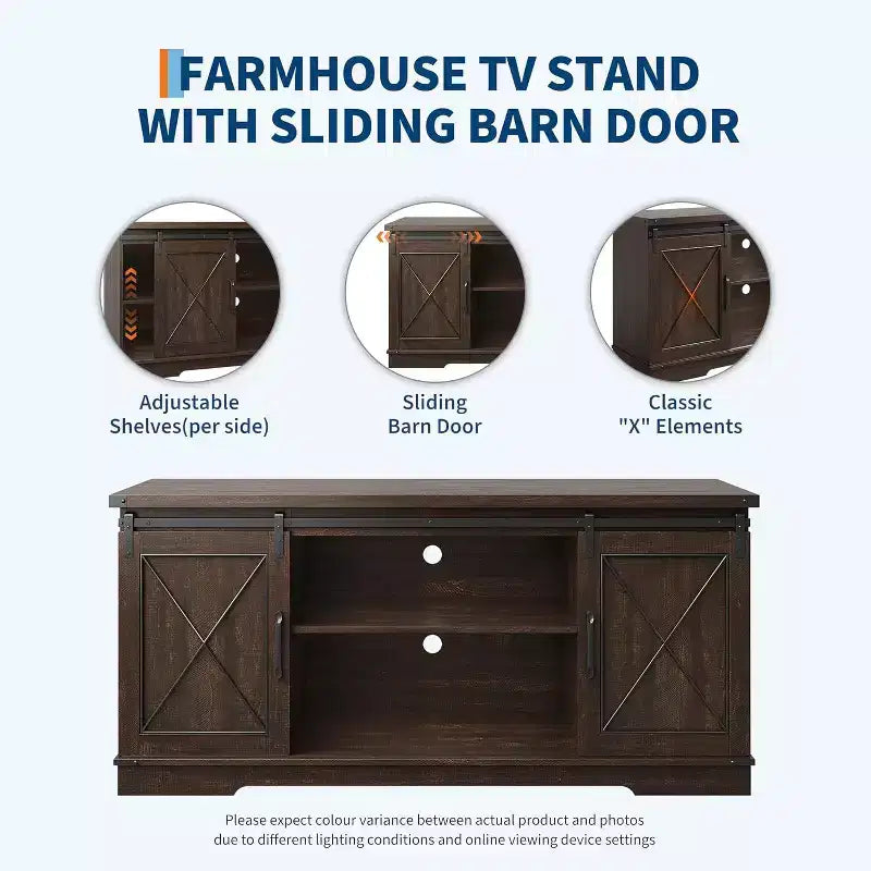 Meuble TV pour centre de divertissement 65 pouces avec portes coulissantes de grange et rangement, console multimédia TV avec étagère réglable pour salon