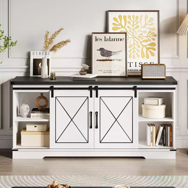 Meuble TV pour centre de divertissement 65 pouces avec portes coulissantes de grange et rangement, console multimédia TV avec étagère réglable pour salon