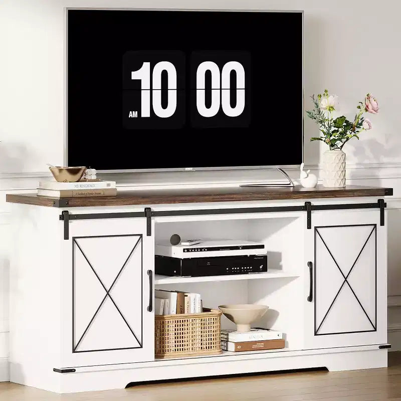 Meuble TV pour centre de divertissement 65 pouces avec portes coulissantes de grange et rangement, console multimédia TV avec étagère réglable pour salon