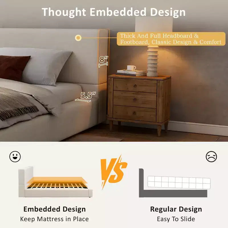Lit plateforme moderne rembourré avec tête de lit épaisse en lin