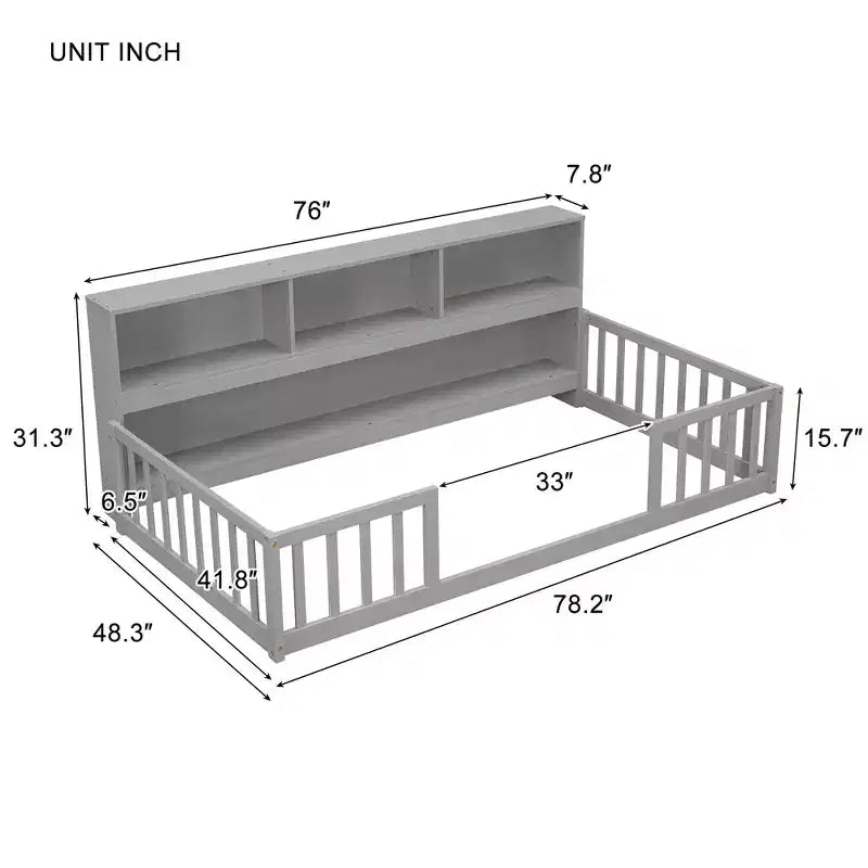 Lit de sol double pour enfants avec bibliothèque de rangement intégrée et barrières, Gris