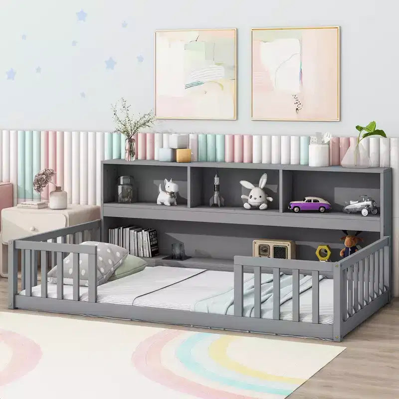 Lit de sol double pour enfants avec bibliothèque de rangement intégrée et barrières, Gris