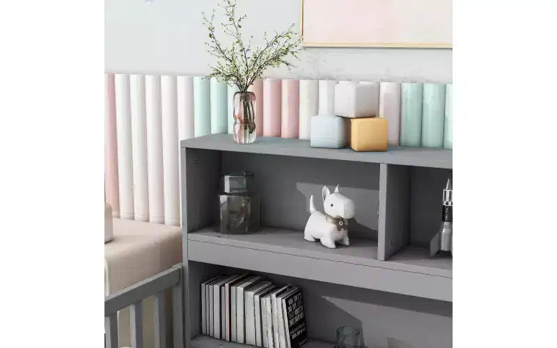 Lit de sol double pour enfants avec bibliothèque de rangement intégrée et barrières, Gris
