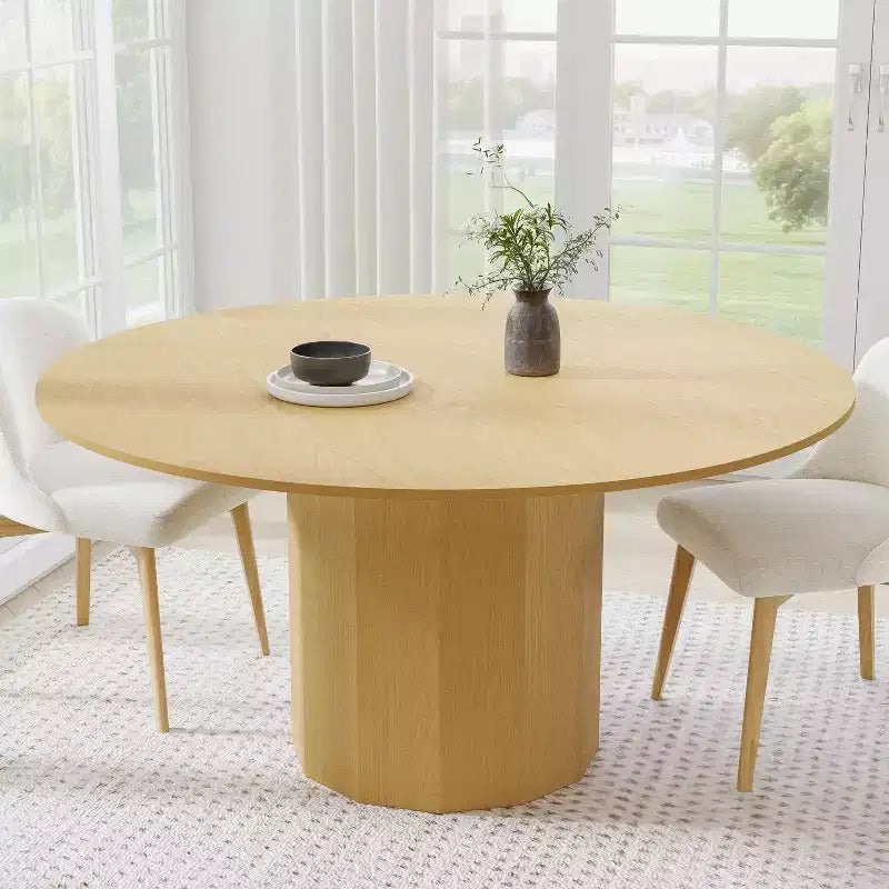 Table de salle à manger ronde en bois massif de 152,4 cm de haut pour 6-8 personnes avec plateau et base cylindrique pour salon/salle à manger/café/bureau, couleur naturelle
