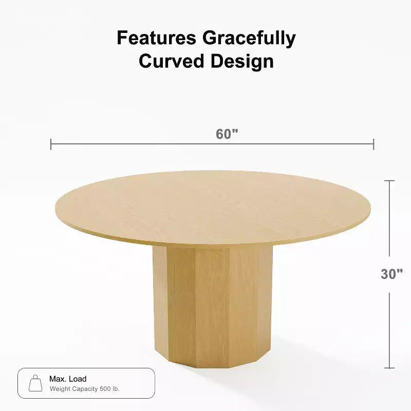 Table de salle à manger ronde en bois massif de 152,4 cm de haut pour 6-8 personnes avec plateau et base cylindrique pour salon/salle à manger/café/bureau, couleur naturelle