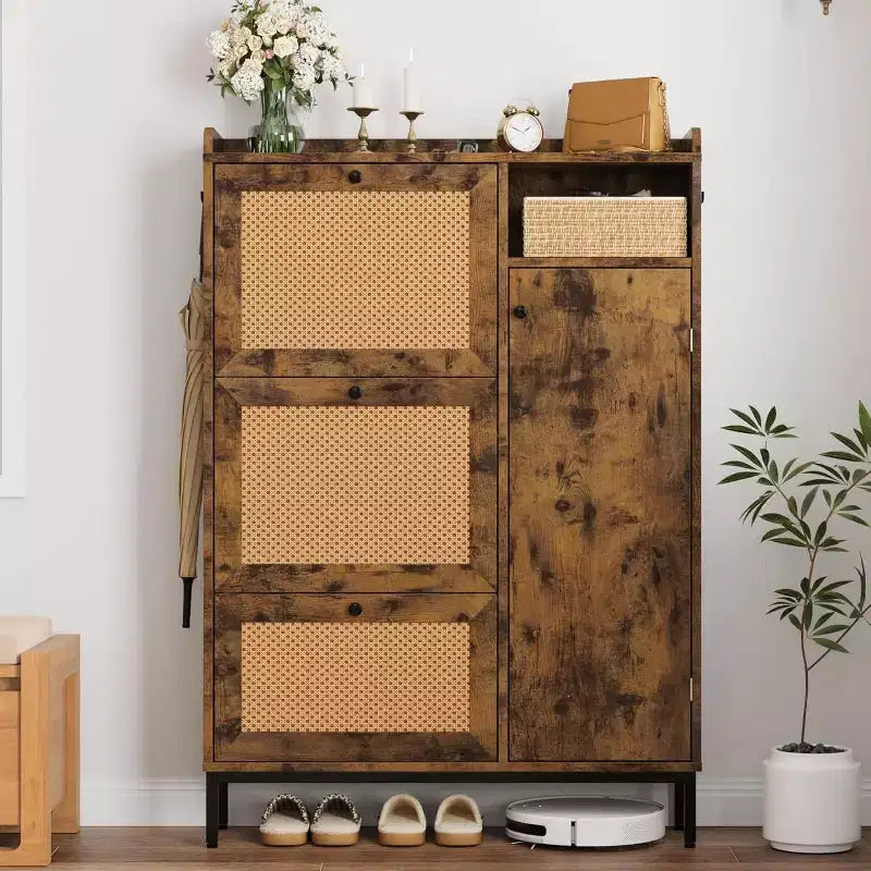 Meuble à chaussures avec tiroirs abattants et étagères réglables
