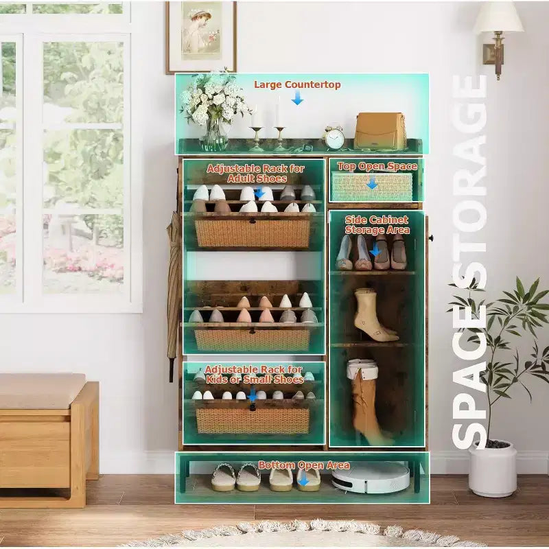 Meuble à chaussures avec tiroirs abattants et étagères réglables