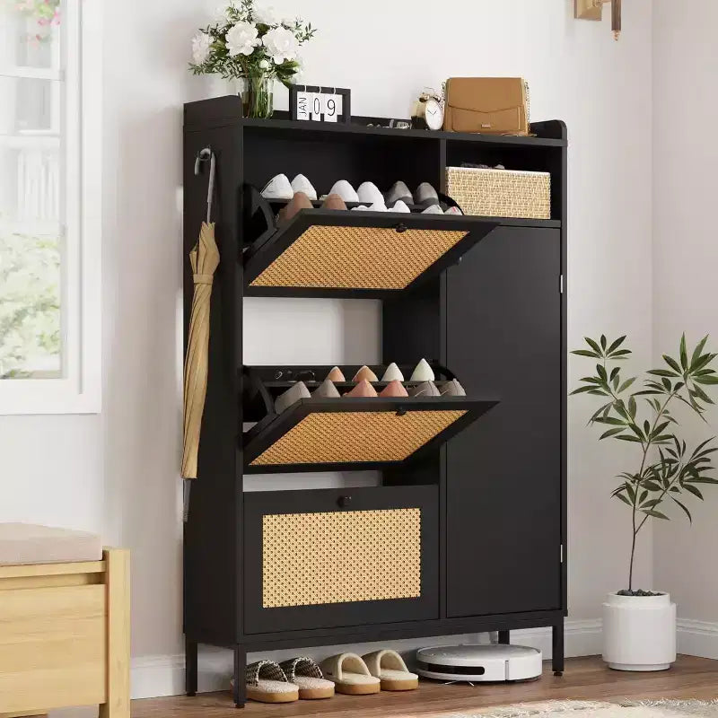 Meuble à chaussures avec tiroirs abattants et étagères réglables