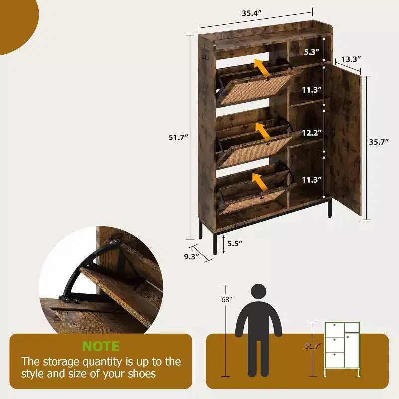 Meuble à chaussures avec tiroirs abattants et étagères réglables