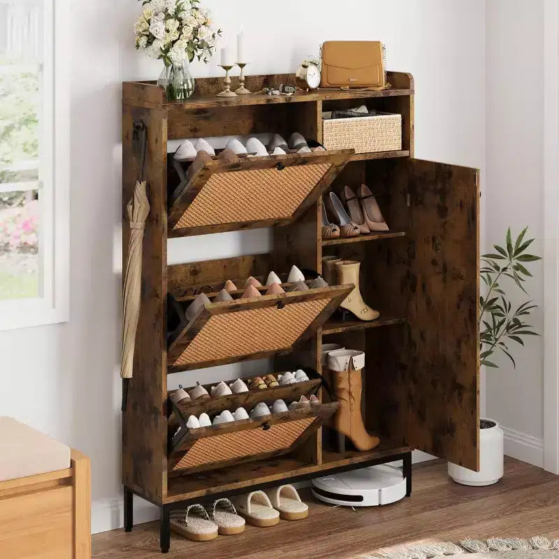Meuble à chaussures avec tiroirs abattants et étagères réglables