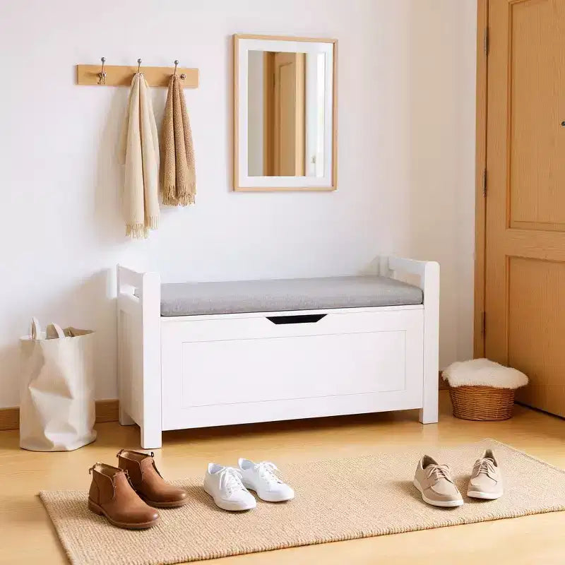 Banc de rangement pour entrée avec coussin d'assise et poignées latérales, blanc, gris
